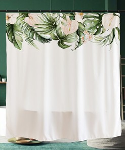 Watercolor Drawing Flower Shower Curtain - Botanical Bathroom Art, Plowers And Leaves Print, Elegant Home Decor