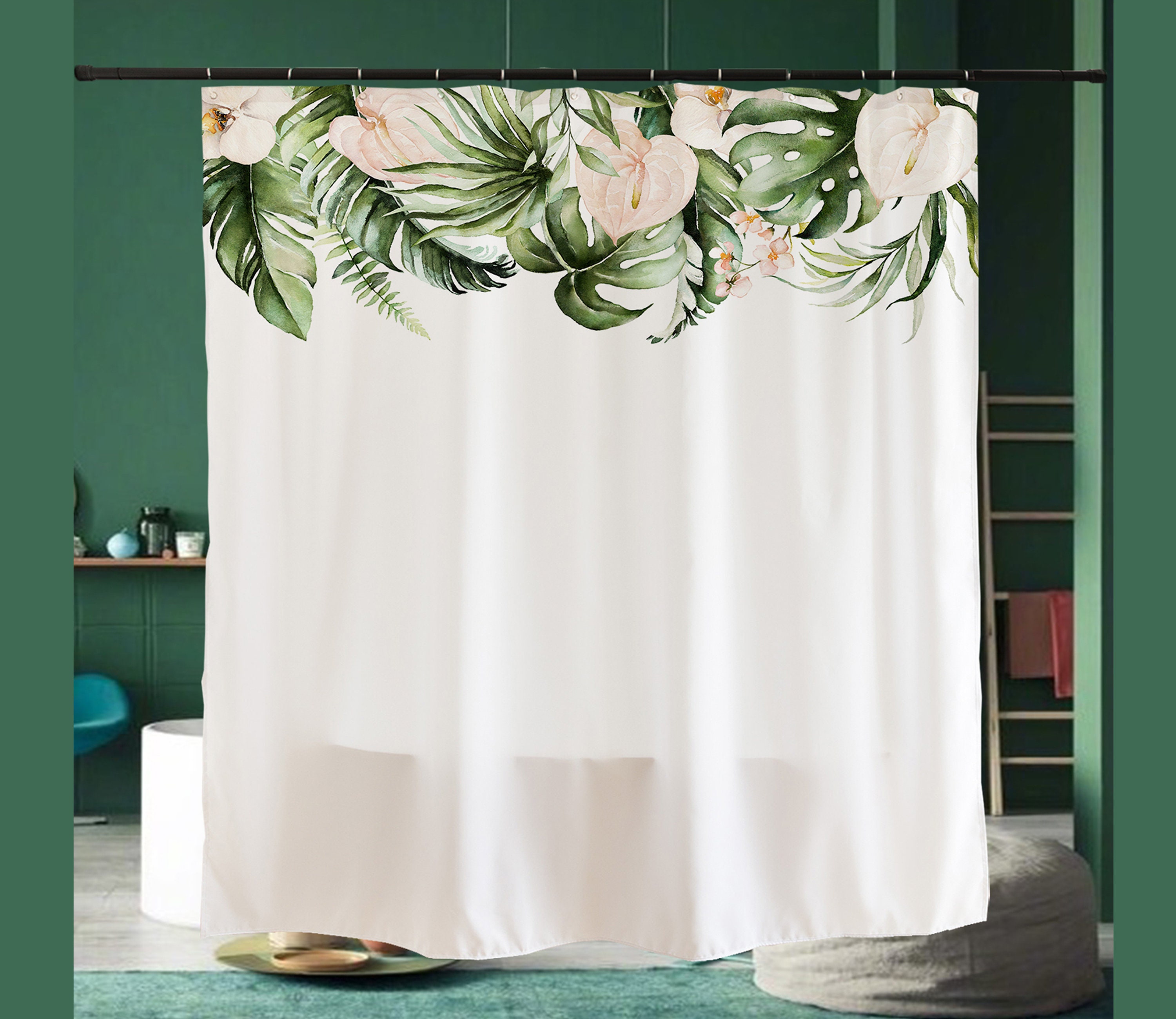 Watercolor Drawing Flower Shower Curtain - Botanical Bathroom Art, Plowers And Leaves Print, Elegant Home Decor