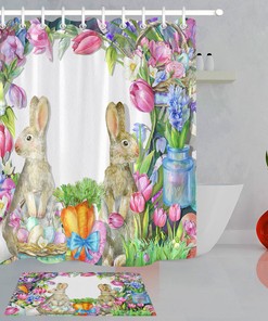 Watercolor Easter Bunnies Shower Curtain with Spring Flowers for a Charming Bathroom Decor