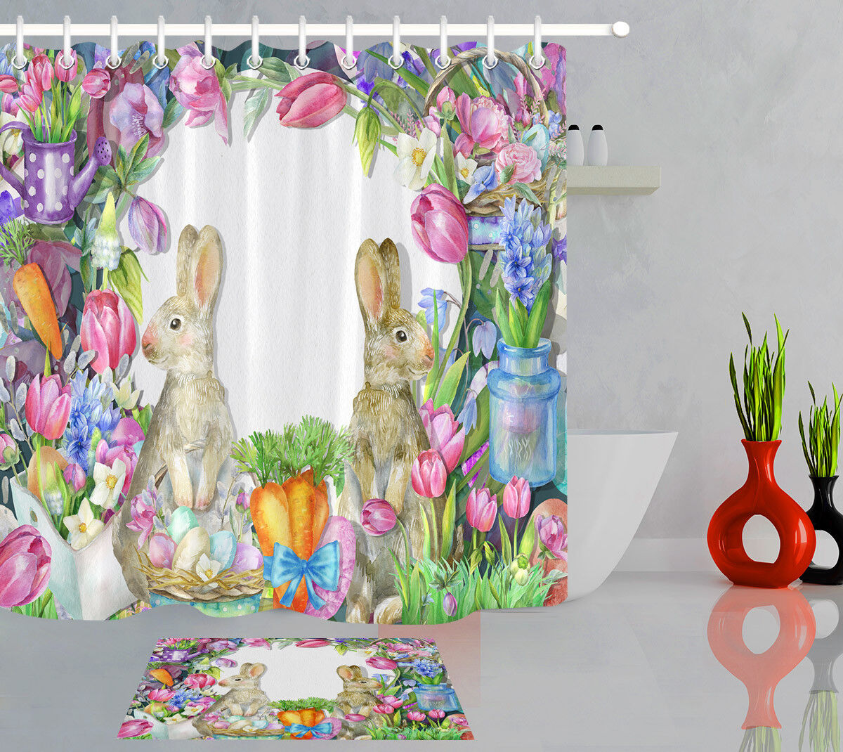 Watercolor Easter Bunnies Shower Curtain with Spring Flowers for a Charming Bathroom Decor