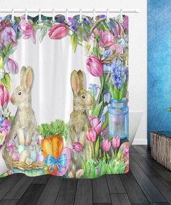 Watercolor Easter Bunnies Shower Curtain with Spring Flowers for a Charming Bathroom Decor