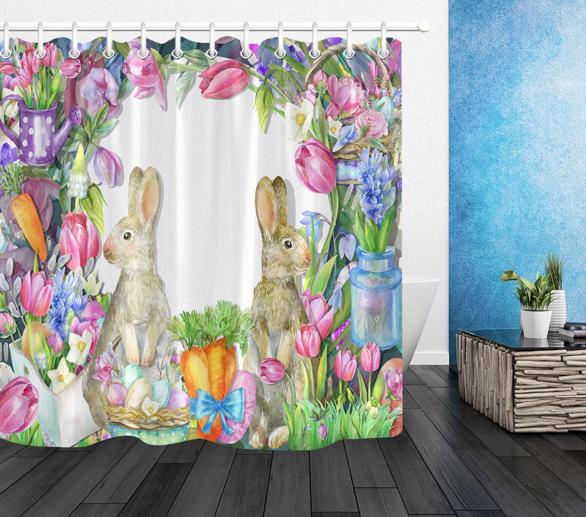 Watercolor Easter Bunnies Shower Curtain with Spring Flowers for a Charming Bathroom Decor