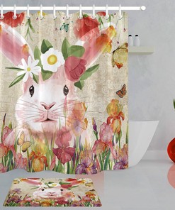 Watercolor Easter Bunny with Spring Flowers Fabric Shower Curtain and Bathroom Decoration Set