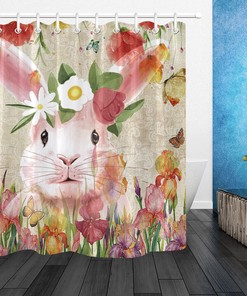 Watercolor Easter Bunny with Spring Flowers Fabric Shower Curtain and Bathroom Decoration Set