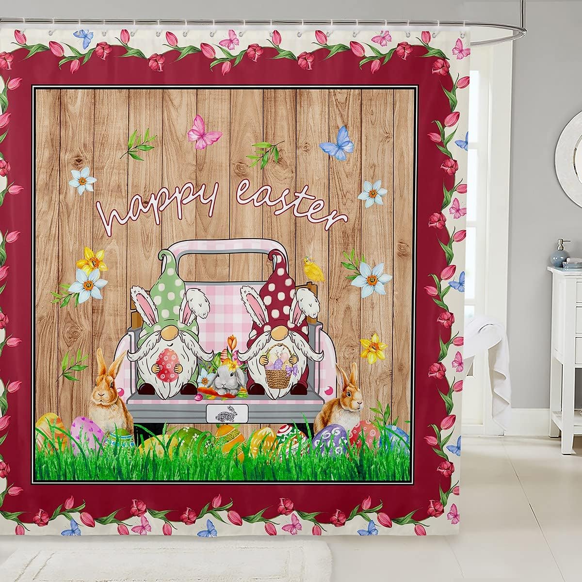 Watercolor Easter Gnome And Butterfly Shower Curtain With Farm Truck For Bathroom Decor