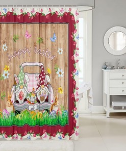 Watercolor Easter Gnome And Butterfly Shower Curtain With Farm Truck For Bathroom Decor