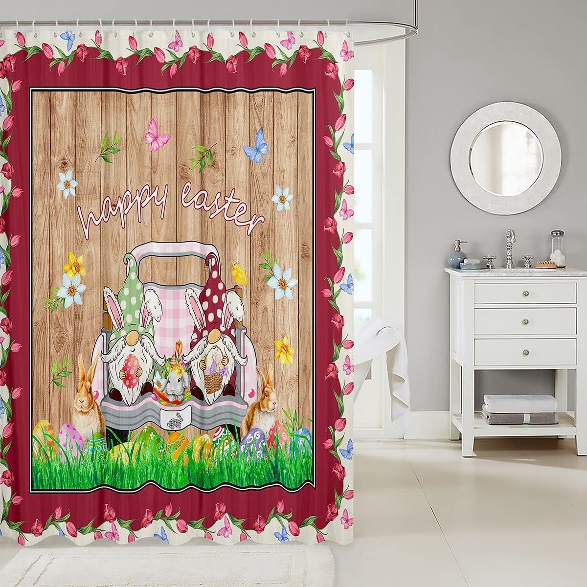 Watercolor Easter Gnome And Butterfly Shower Curtain With Farm Truck For Bathroom Decor