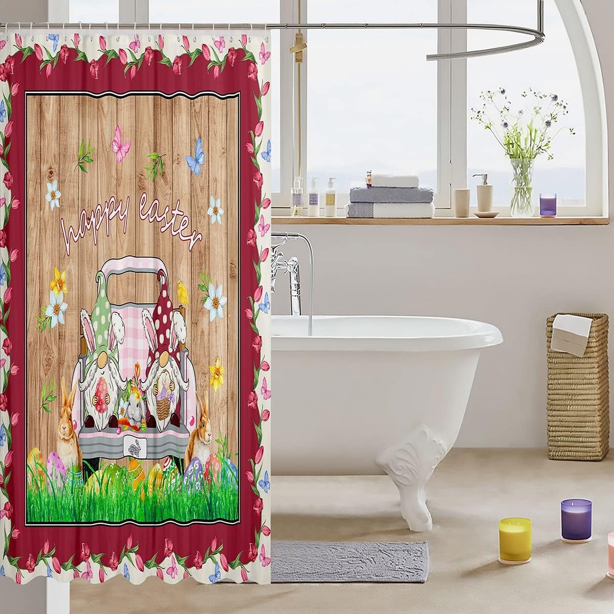 Watercolor Easter Gnome And Butterfly Shower Curtain With Farm Truck For Bathroom Decor