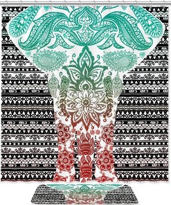 Watercolor Elephant Ethnic Mandala Shower Curtain for Boho Bathroom Decor