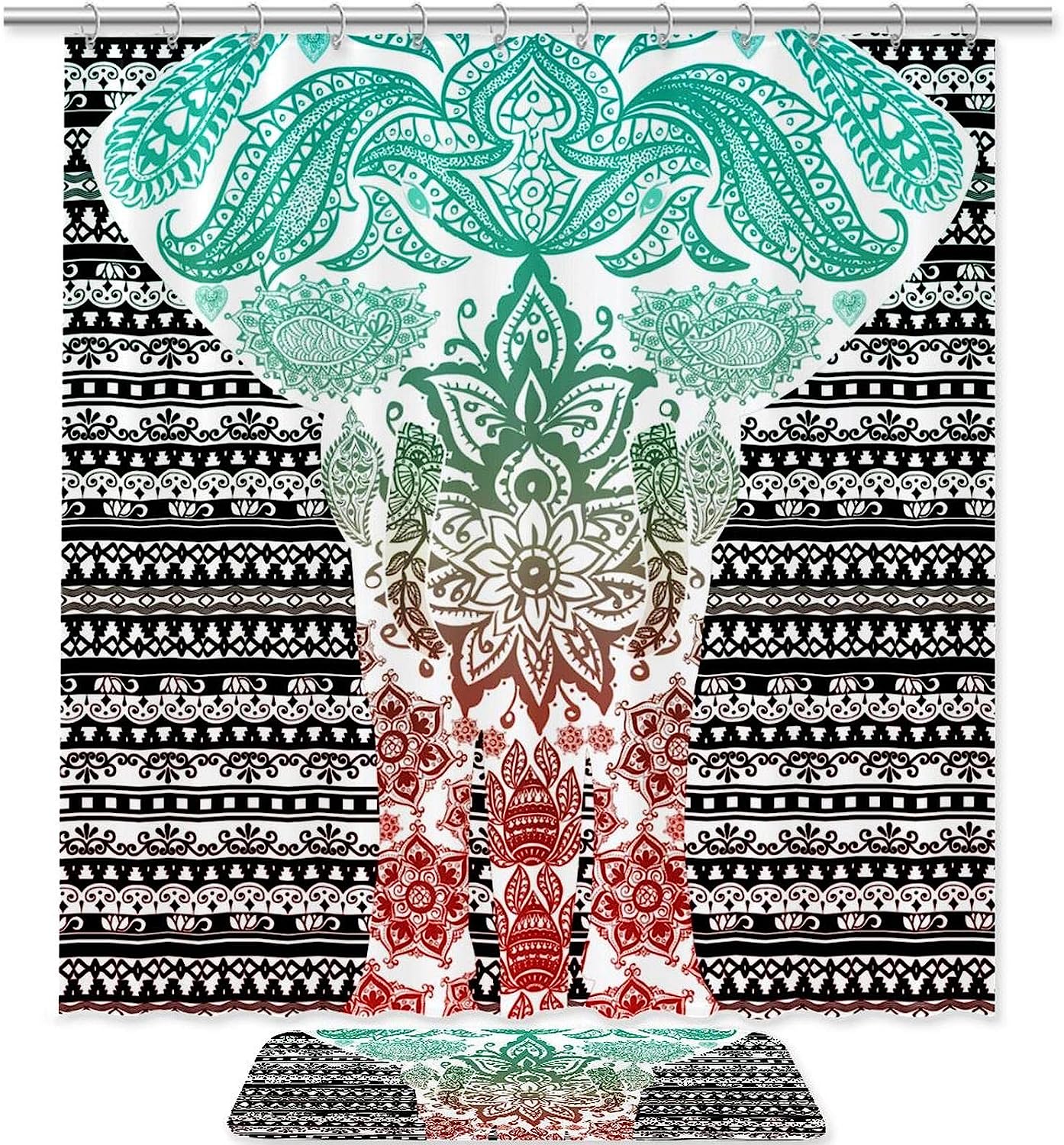 Watercolor Elephant Ethnic Mandala Shower Curtain for Boho Bathroom Decor