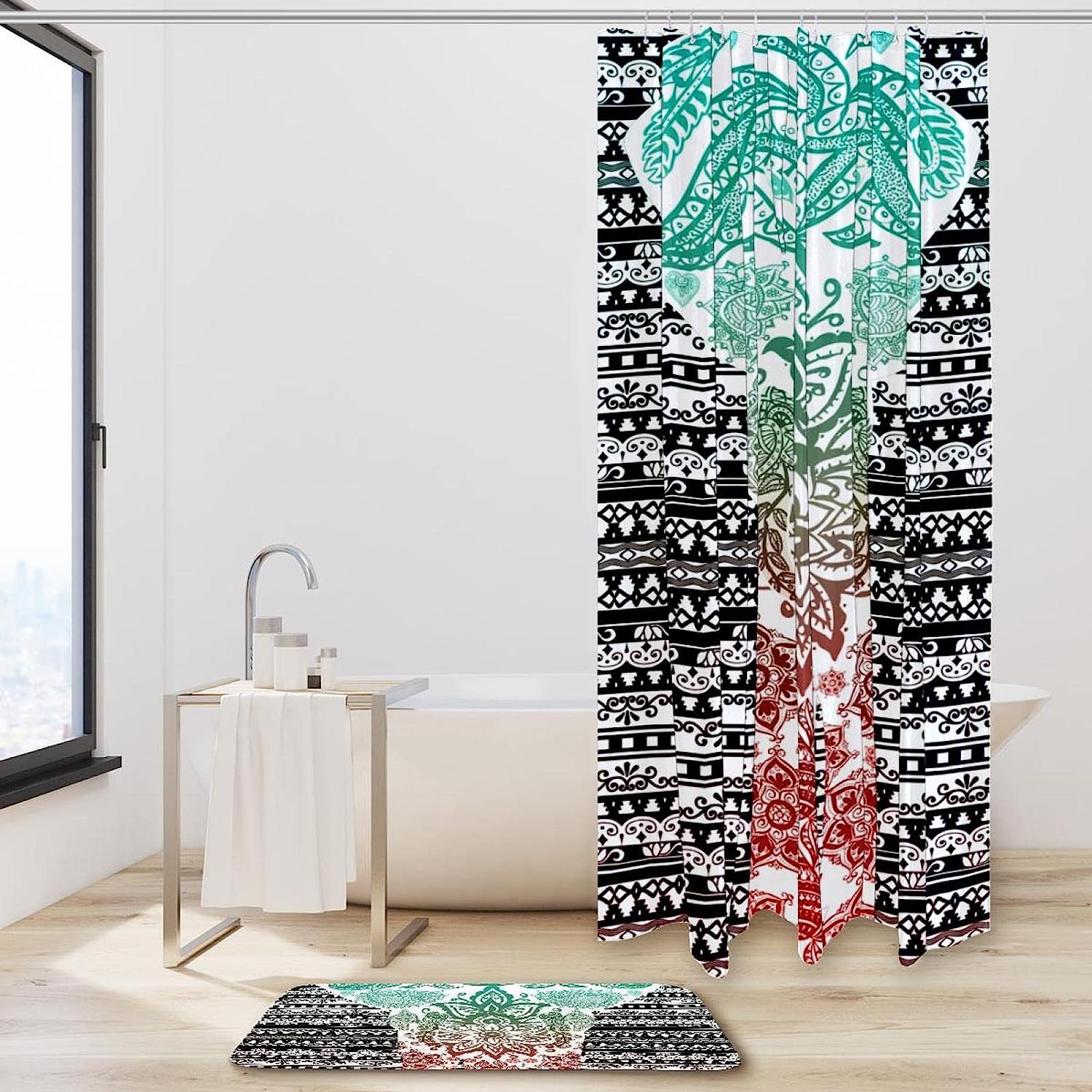 Watercolor Elephant Ethnic Mandala Shower Curtain for Boho Bathroom Decor