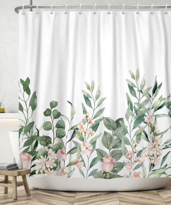 Watercolor Eucalyptus Leaves Pink Rose Flowers Blossom Shower Curtain For Spring Green Bathroom Decor