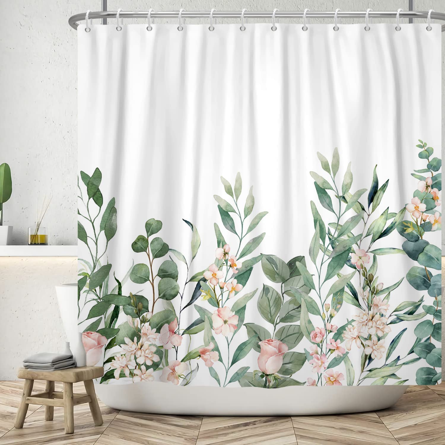 Watercolor Eucalyptus Leaves Pink Rose Flowers Blossom Shower Curtain For Spring Green Bathroom Decor