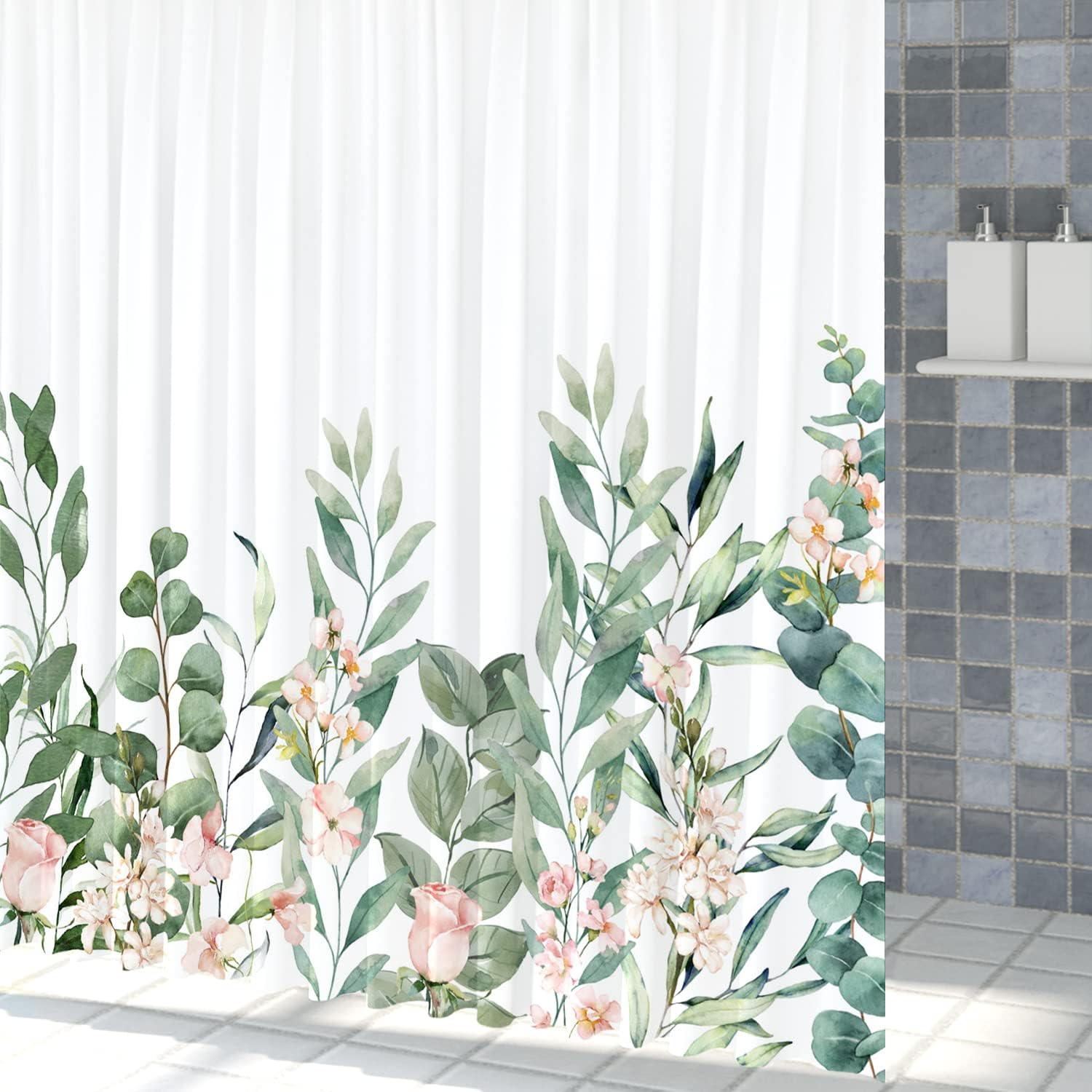 Watercolor Eucalyptus Leaves Pink Rose Flowers Blossom Shower Curtain For Spring Green Bathroom Decor - Image 2