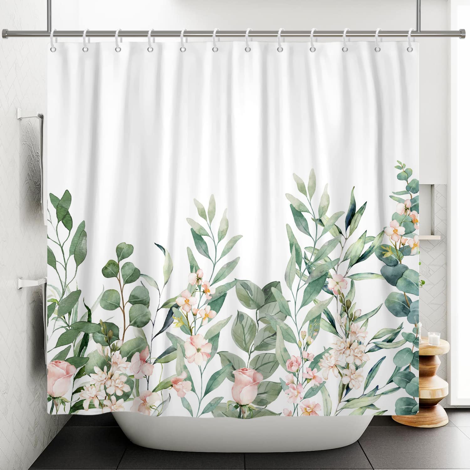 Watercolor Eucalyptus Leaves Pink Rose Flowers Blossom Shower Curtain For Spring Green Bathroom Decor - Image 3