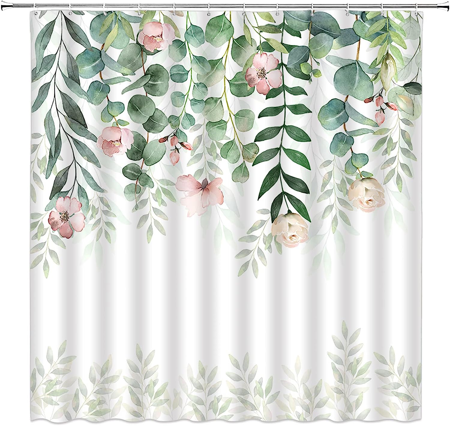 Watercolor Eucalyptus Shower Curtain Pink Floral Sage Green Leaf Botanical Bath Decor