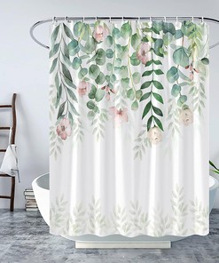 Watercolor Eucalyptus Shower Curtain Pink Floral Sage Green Leaf Botanical Bath Decor