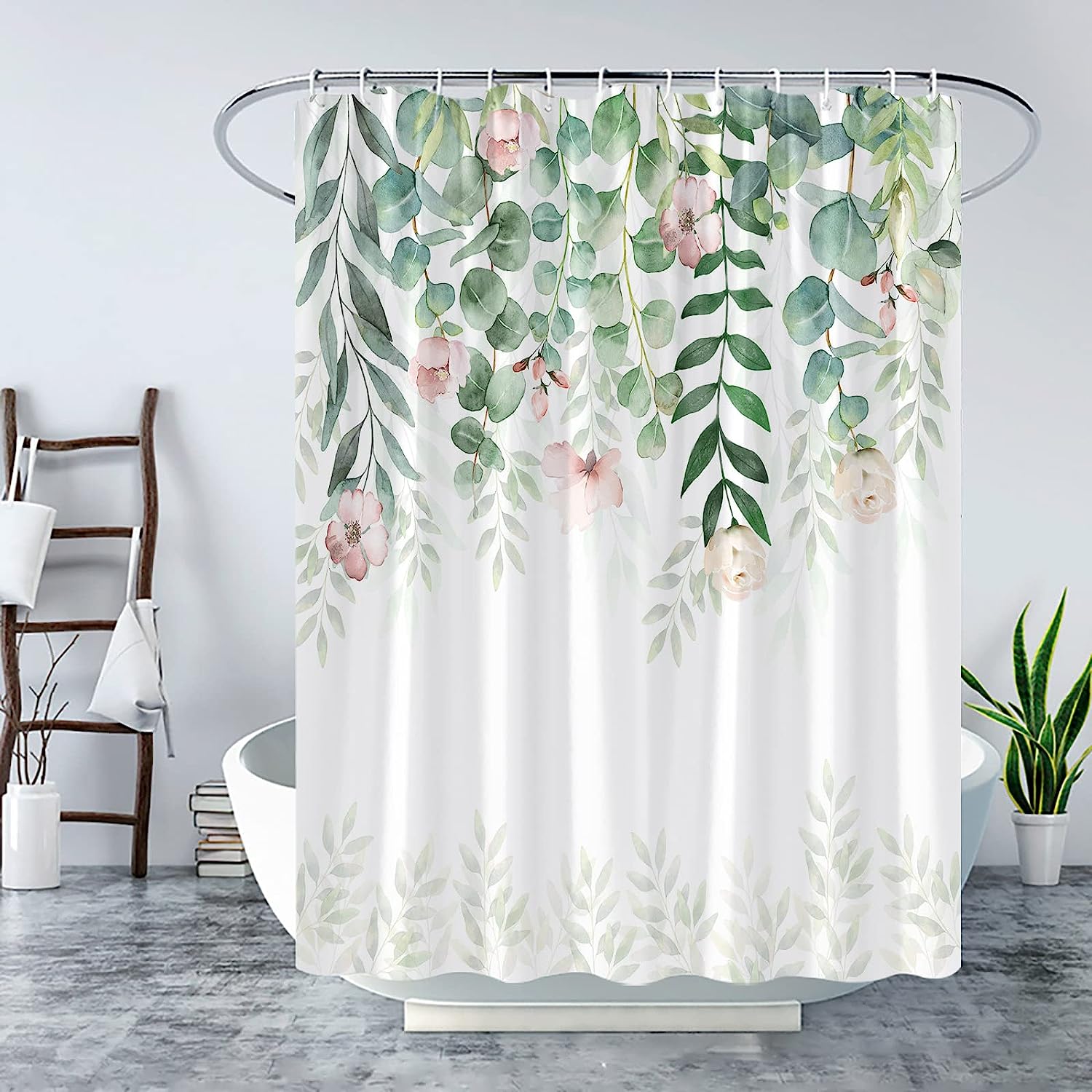 Watercolor Eucalyptus Shower Curtain Pink Floral Sage Green Leaf Botanical Bath Decor