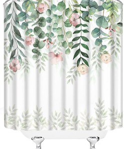 Watercolor Eucalyptus Shower Curtain Pink Floral Sage Green Leaf Botanical Bath Decor
