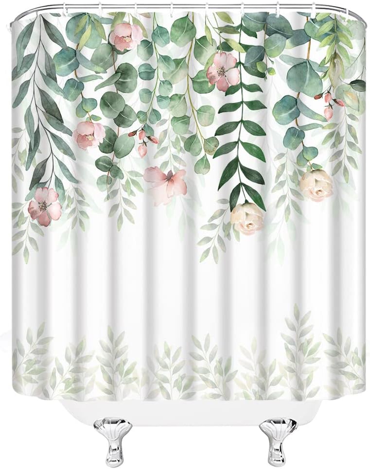 Watercolor Eucalyptus Shower Curtain Pink Floral Sage Green Leaf Botanical Bath Decor