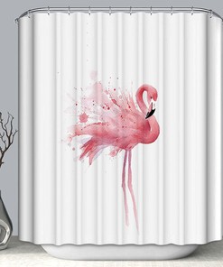 Watercolor Fabric Shower Curtain With Pink And Tropical Flamingo Design, Playful And Colorful Bathroom Decor