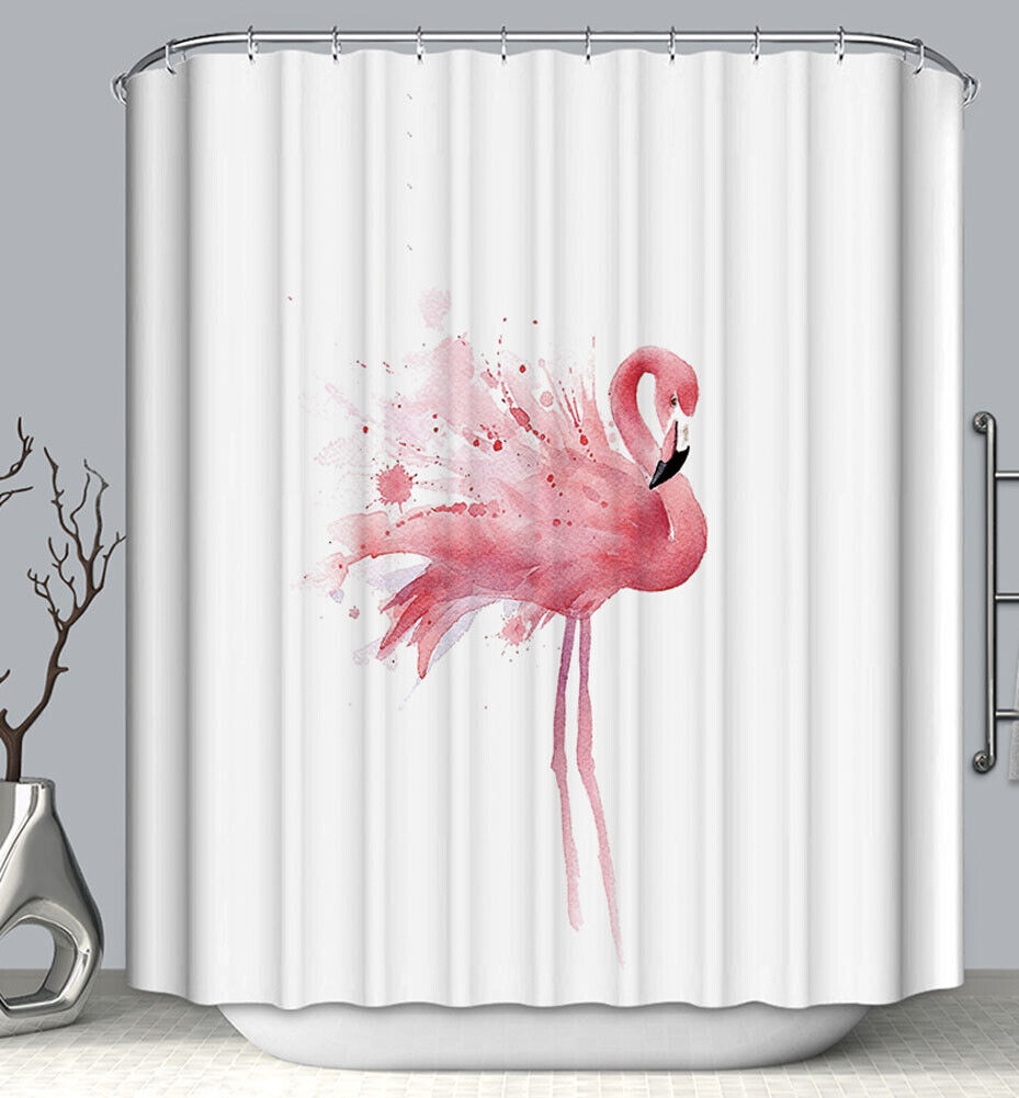 Watercolor Fabric Shower Curtain With Pink And Tropical Flamingo Design, Playful And Colorful Bathroom Decor