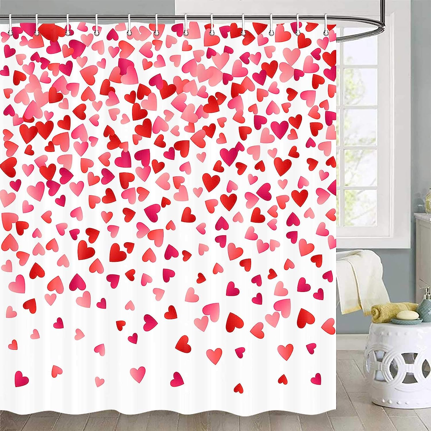 Watercolor Falling Red Hearts Valentine's Day Shower Curtain for Romantic Bathroom