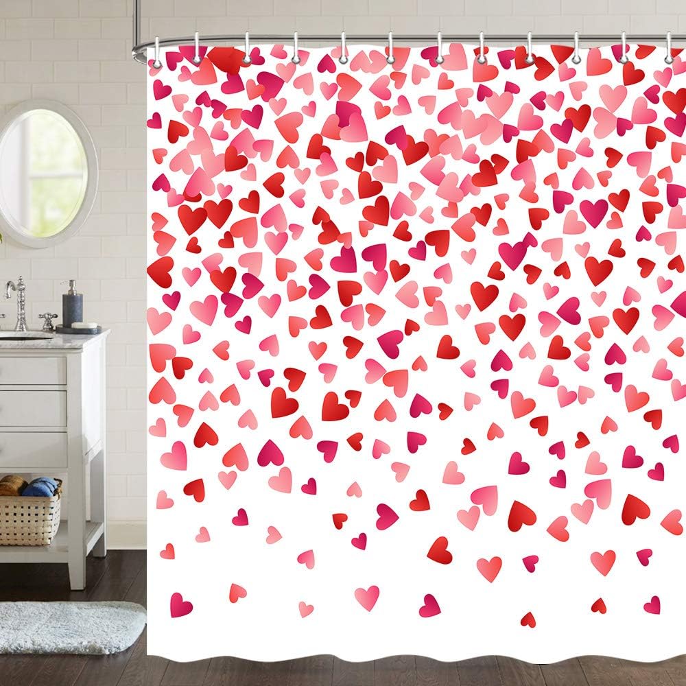 Watercolor Falling Red Hearts Valentine's Day Shower Curtain for Romantic Bathroom