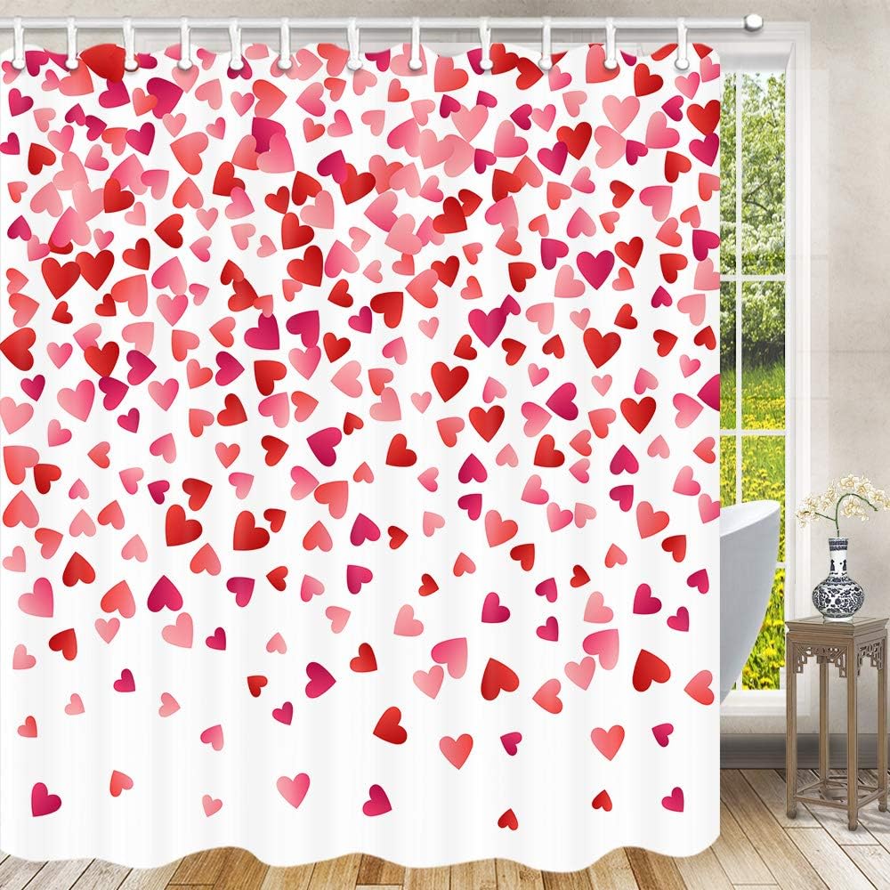 Watercolor Falling Red Hearts Valentine's Day Shower Curtain for Romantic Bathroom