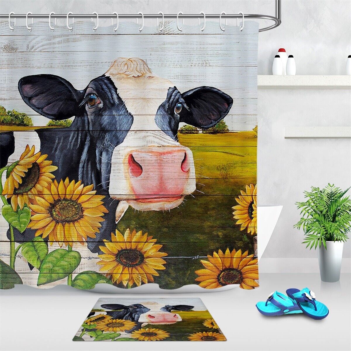 Watercolor Farm Cow Sunflowers Shower Curtain for a Rustic and Chic Bathroom