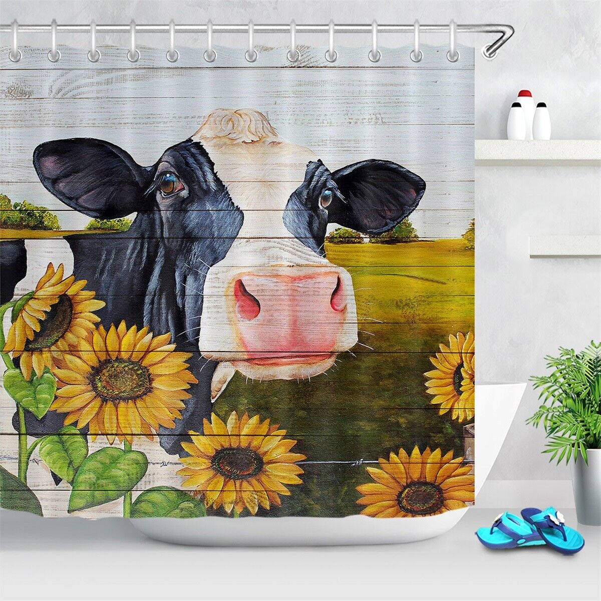 Watercolor Farm Cow Sunflowers Shower Curtain for a Rustic and Chic Bathroom