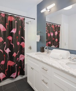 Watercolor Flamingo And Tropical Leaves Shower Curtain For Nature Bathroom Decor