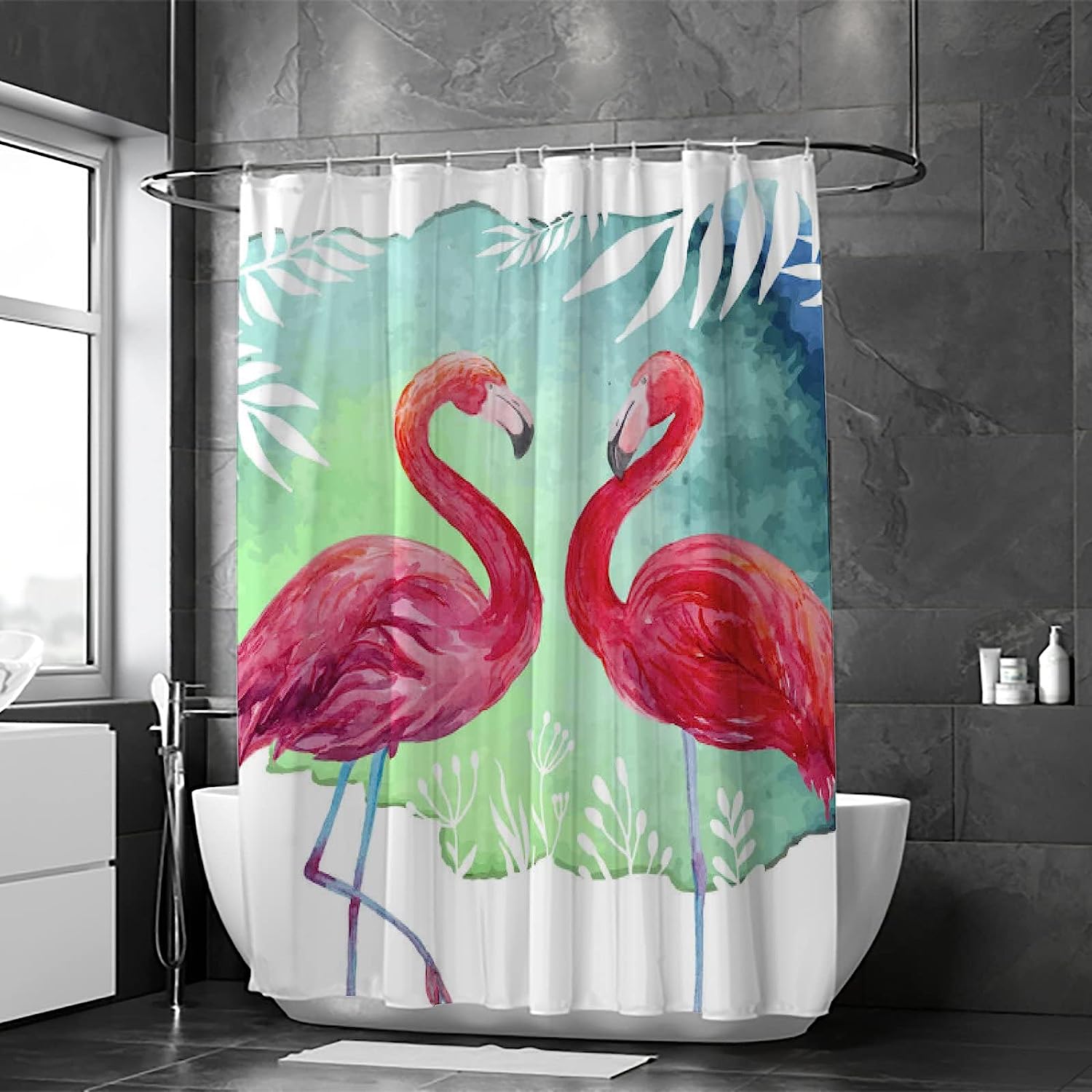 Watercolor Flamingo Bathroom Shower Curtain, Waterproof by Vantaso