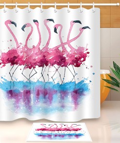 Watercolor Flamingo Painting On Shower Curtain And Mat Set - Bathroom Decor Is Complete