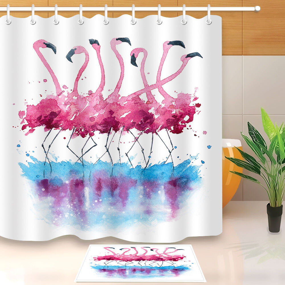 Watercolor Flamingo Painting On Shower Curtain And Mat Set - Bathroom Decor Is Complete