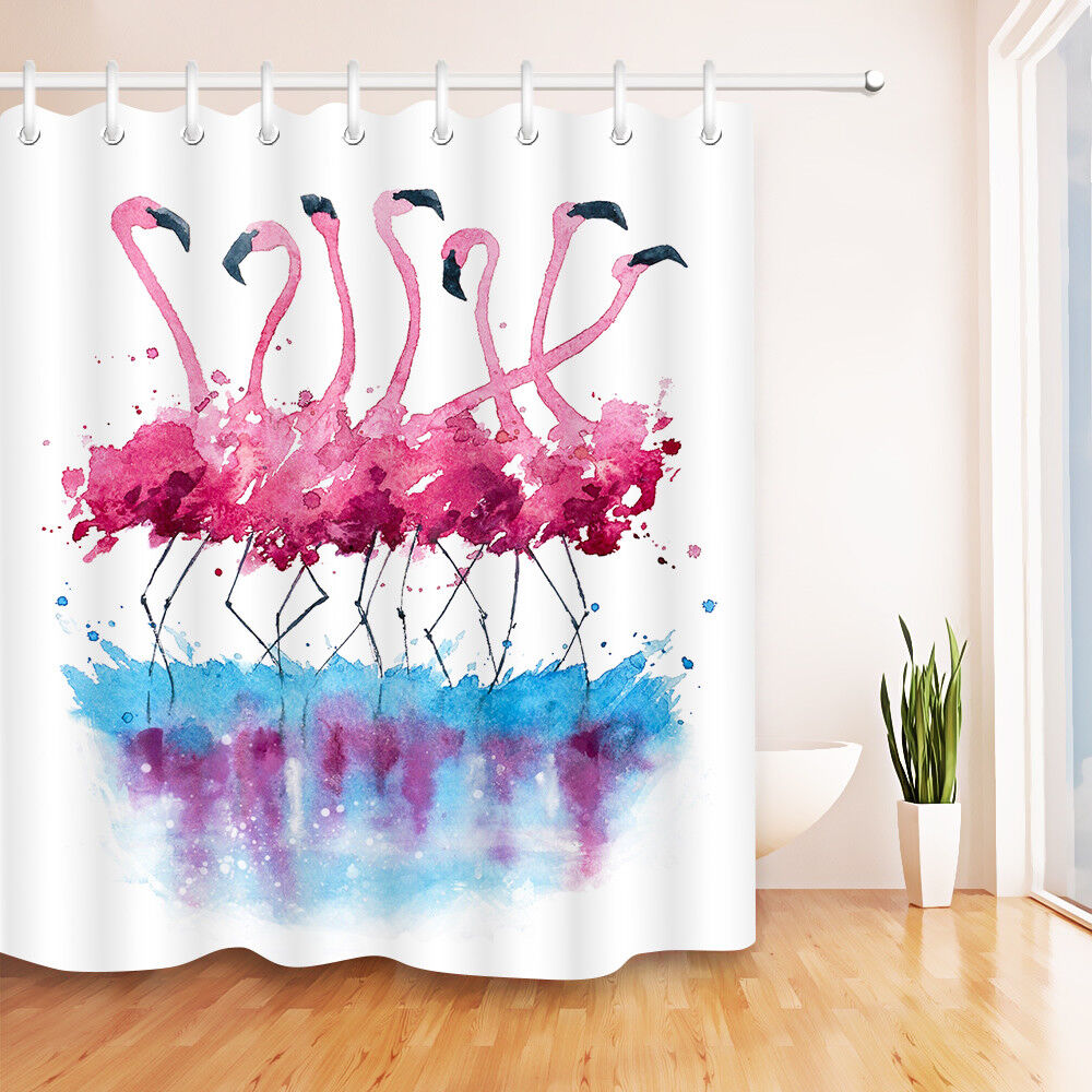 Watercolor Flamingo Painting On Shower Curtain And Mat Set - Bathroom Decor Is Complete