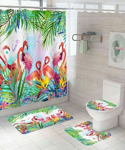 Watercolor Flamingo Tropical Waterproof Shower Curtain Lid 4PC, Perfect for a Family Bathroom