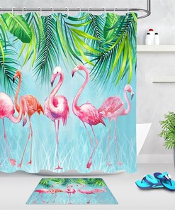 Watercolor Flamingos Tropical Palm Leaves Waterproof Fabric Shower Curtain for a Relaxing Bathroom
