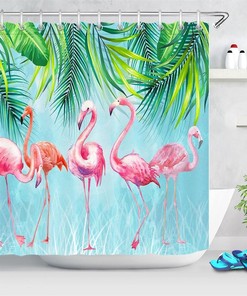 Watercolor Flamingos Tropical Palm Leaves Waterproof Fabric Shower Curtain for a Relaxing Bathroom