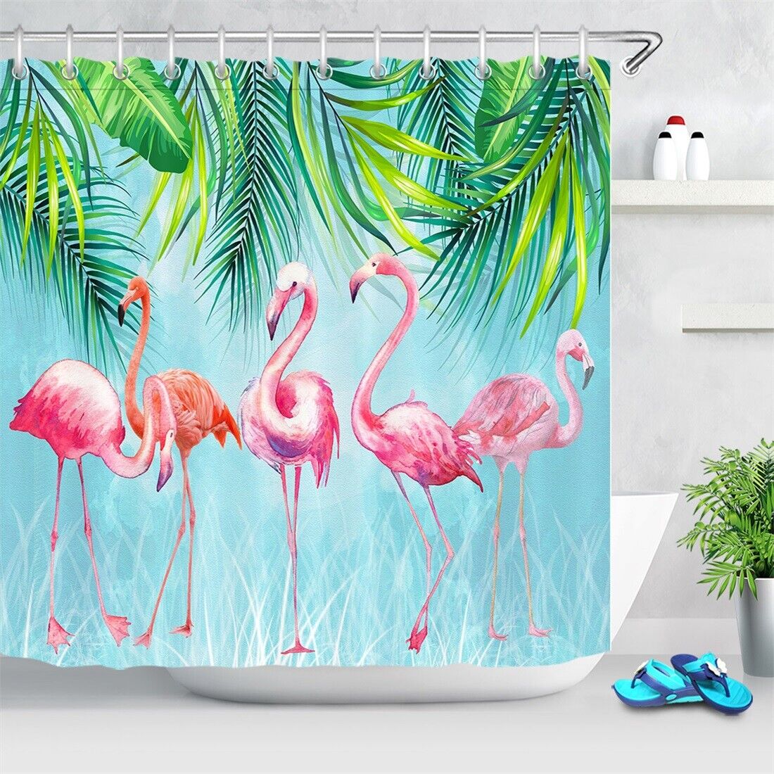 Watercolor Flamingos Tropical Palm Leaves Waterproof Fabric Shower Curtain for a Relaxing Bathroom
