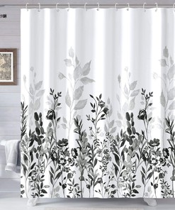 Watercolor Floral Black And Grey Shower Curtain Featuring Black And White Prints - Bathroom Curtain
