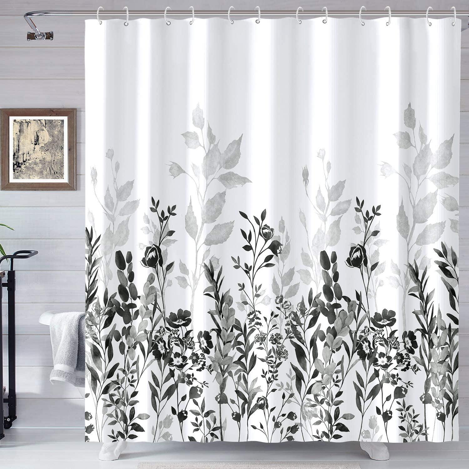 Watercolor Floral Black And Grey Shower Curtain Featuring Black And White Prints - Bathroom Curtain