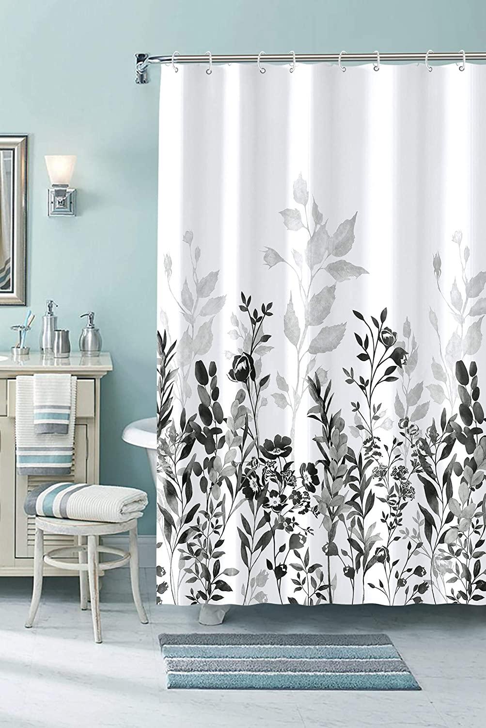 Watercolor Floral Black And Grey Shower Curtain Featuring Black And White Prints - Bathroom Curtain - Image 2