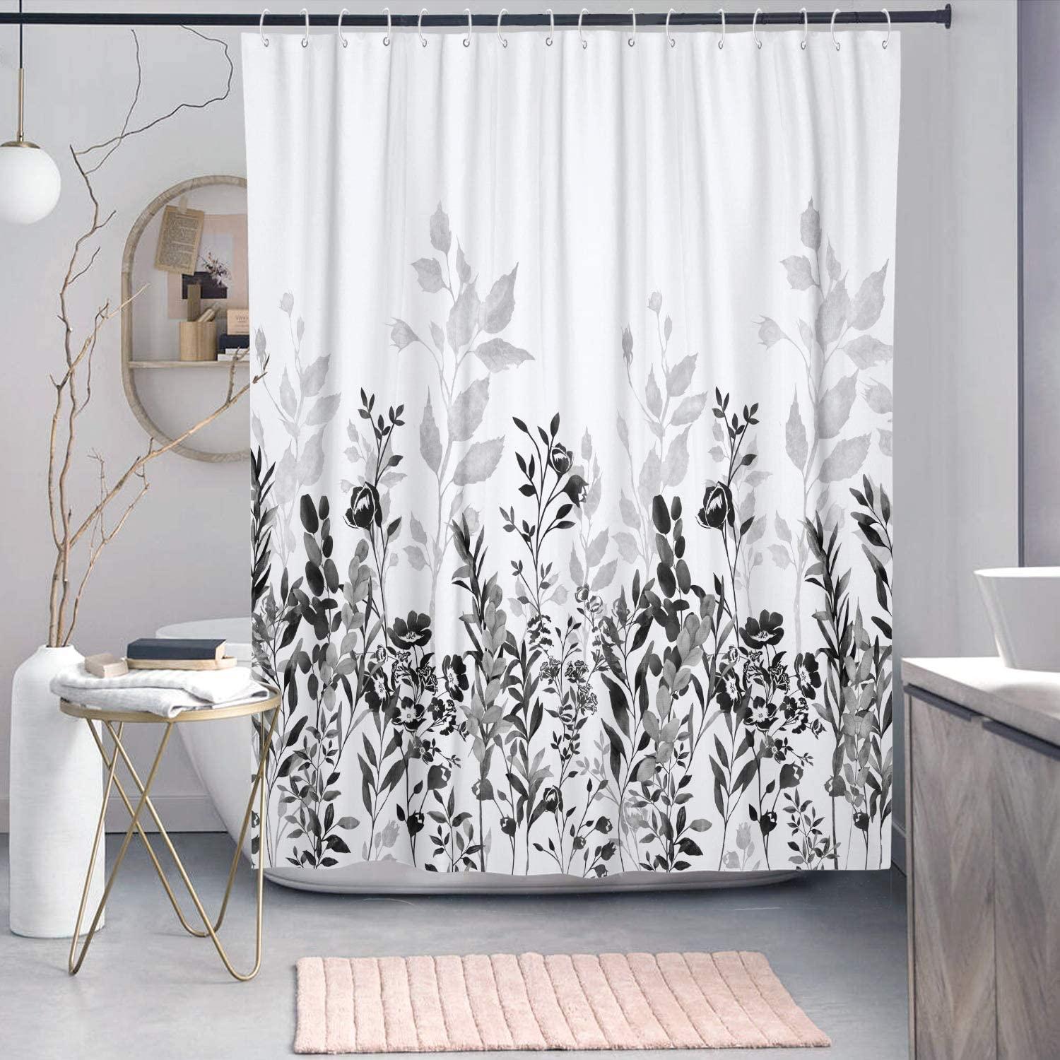 Watercolor Floral Black And Grey Shower Curtain Featuring Black And White Prints - Bathroom Curtain - Image 3