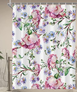 Watercolor Floral Leaves Shower Curtain in Pink and Purple for a Feminine Bathroom