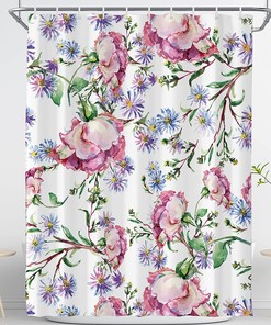 Watercolor Floral Leaves Shower Curtain in Pink and Purple for a Feminine Bathroom
