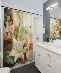 Watercolor Floral Shower Curtain, English Garden Dream Print, Soft Pink White Green, Customizable Order