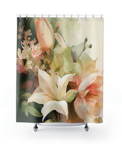 Watercolor Floral Shower Curtain, English Garden Dream Print, Soft Pink White Green, Customizable Order