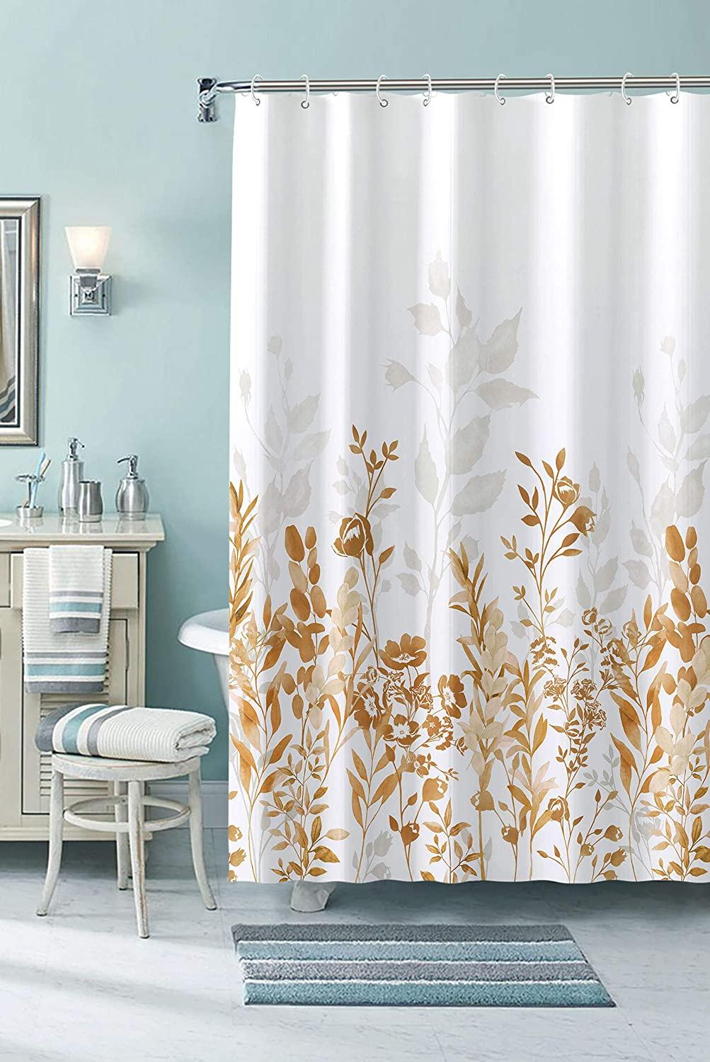 Watercolor Floral Shower Curtain Yellow And White Brown Grey Bathroom - Image 2