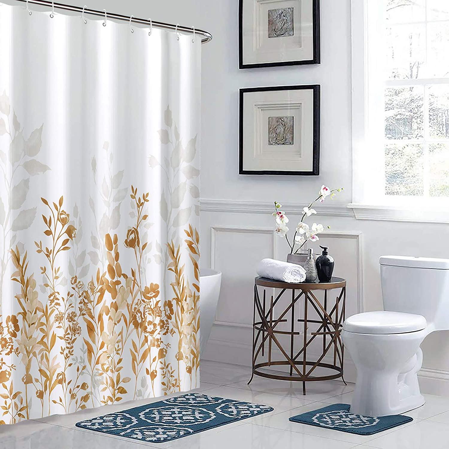 Watercolor Floral Shower Curtain Yellow And White Brown Grey Bathroom - Image 3